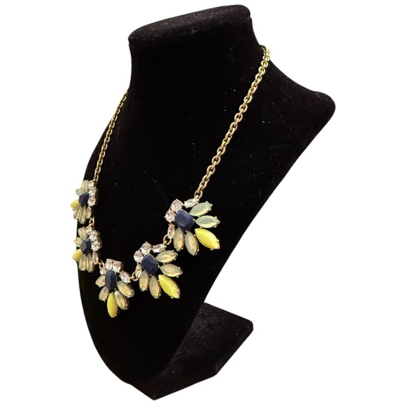 J. CREW Lime Green & Navy Blue w/ Crystals Floral Bib Statement Necklace - Picture 4 of 7